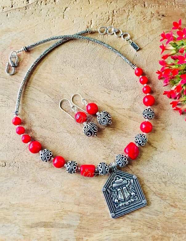 Ethnic Red coral  beaded handmade Gemstone Necklace earring set