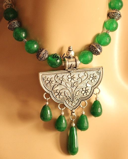 Ethnic Statement green Gemstone artisan handmade necklace set