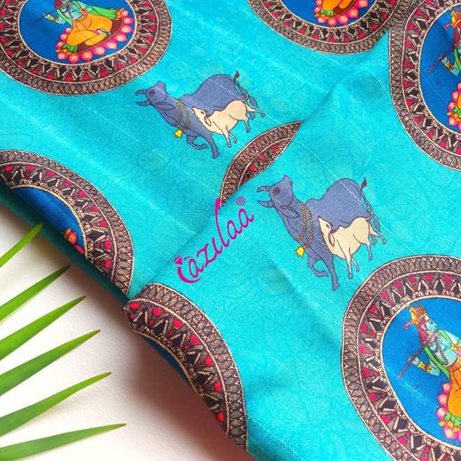 Ethnic Teal Krishna art Tusser silk scarf 1