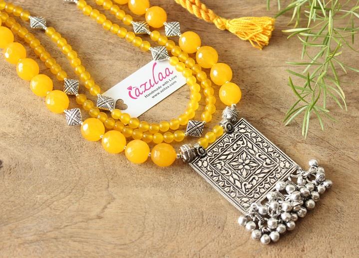 Ethnic Yellow beaded layered gemstone handmade necklace set