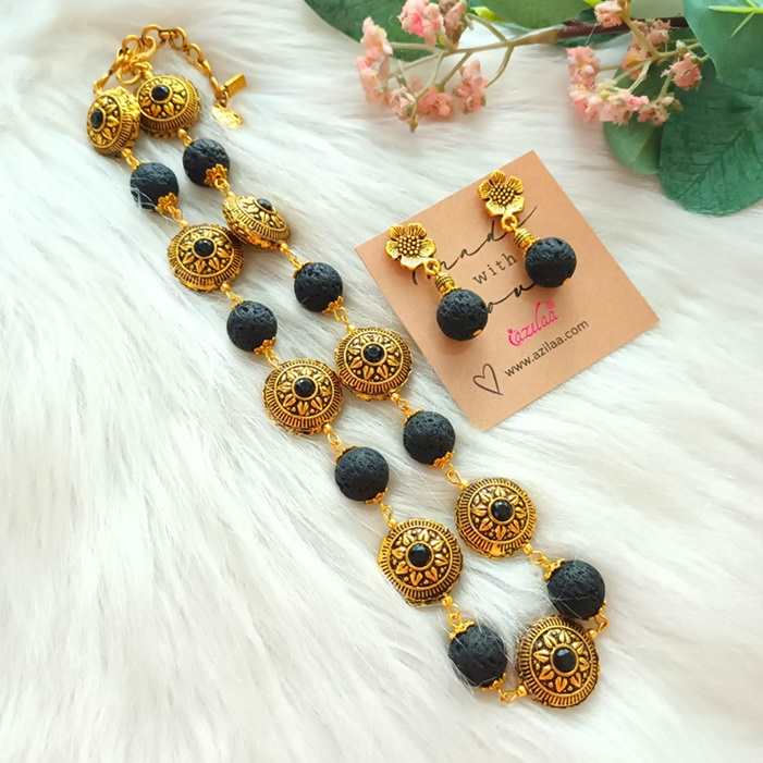 Ethnic antique gold lava beaded necklace