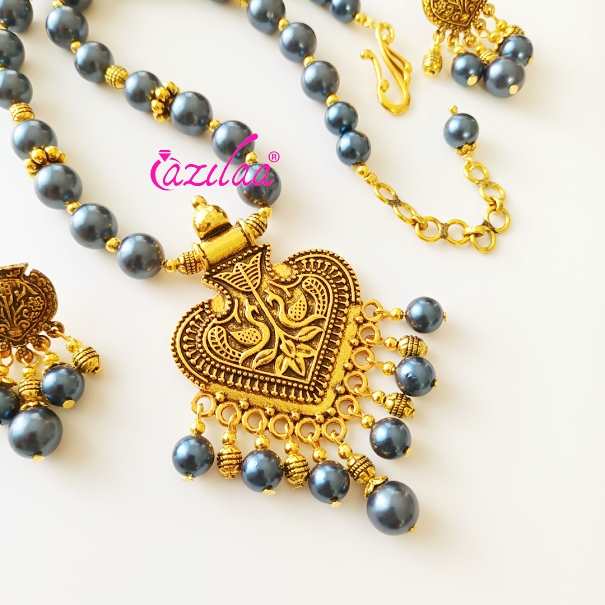 Ethnic blue Pearl designer golden necklace earrings set