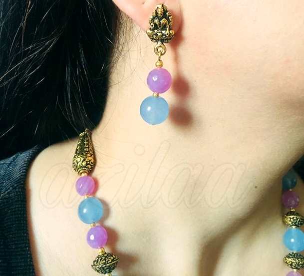 Ethnic blue lavender pink gemstone beaded necklace set