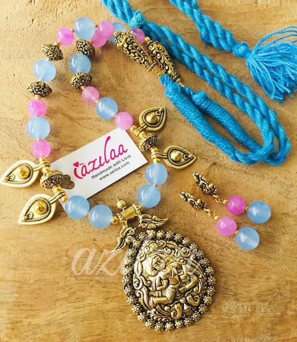 Ethnic blue lavender pink gemstone beaded necklace set