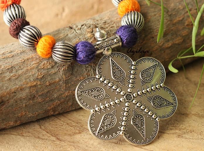 Ethnic flower oxidized silver plated thread handmade necklace set