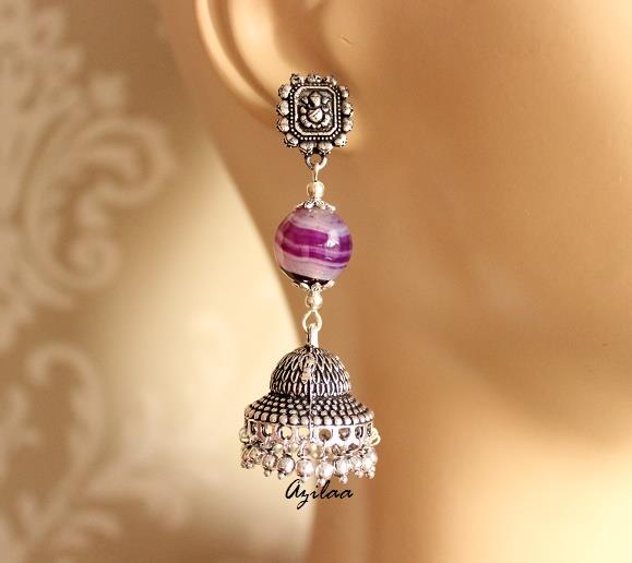 Ethnic ganesha purple jhumki Handmade bead gemstone Earrings