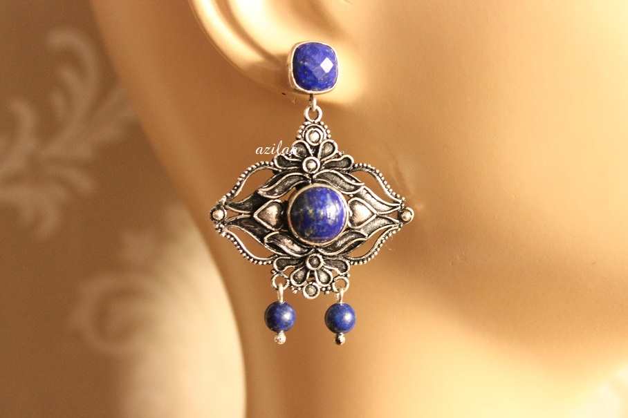 Ethnic oxidized silver Lapis lazuli gemstone earrings