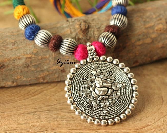Ethnic Ganesha oxidized silver plated thread handmade necklace 