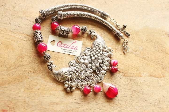Ethnic peacock PINK necklace earrings set antique silver 