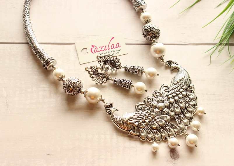 Ethnic peacock pearl necklace earrings set antique silver 