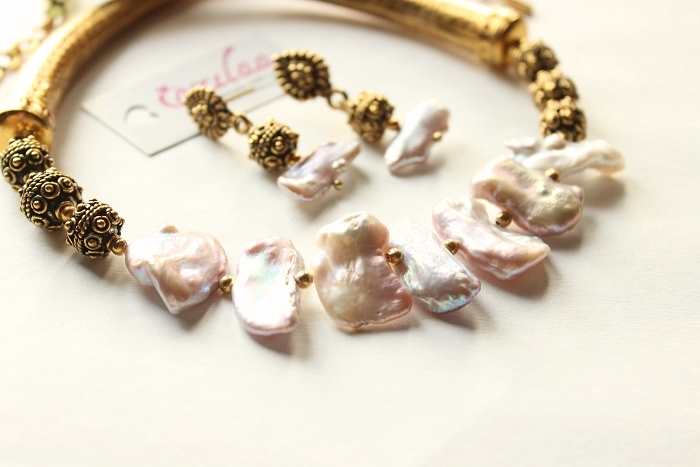 OOAK pearl choker beaded antique golden necklace earrings set