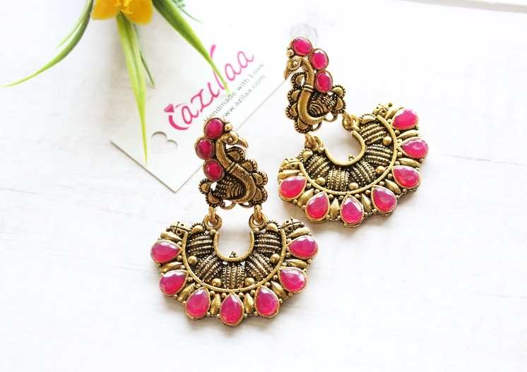 Ethnic ruby pink Peacock Antique Gold tone earrings