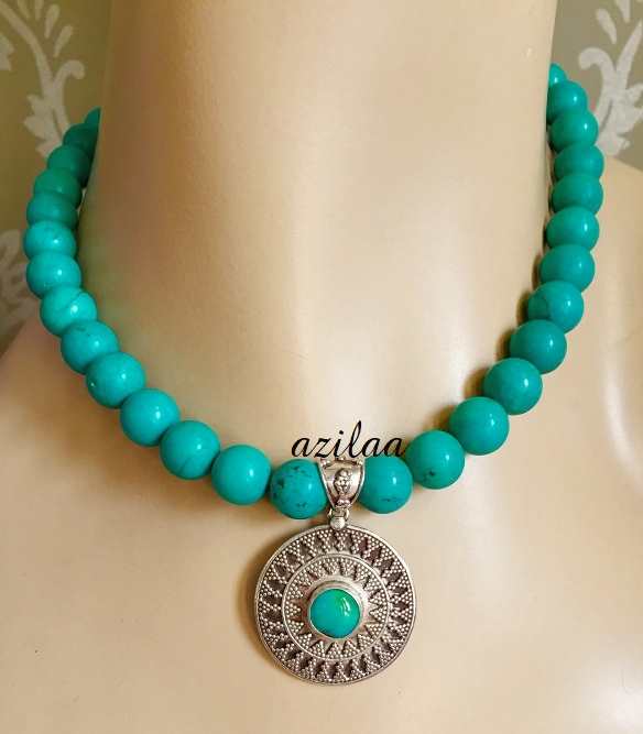 Ethnic silver blue turquoise beaded necklace set