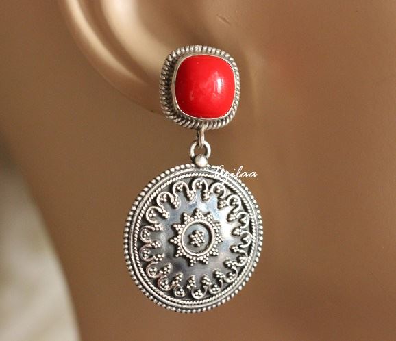 Ethnic sterling silver Artisan red coral gemstone earrings