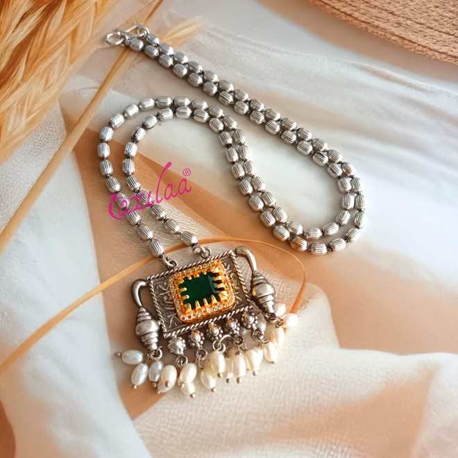 Ethnic style Green Navratri antique silver plated pendant