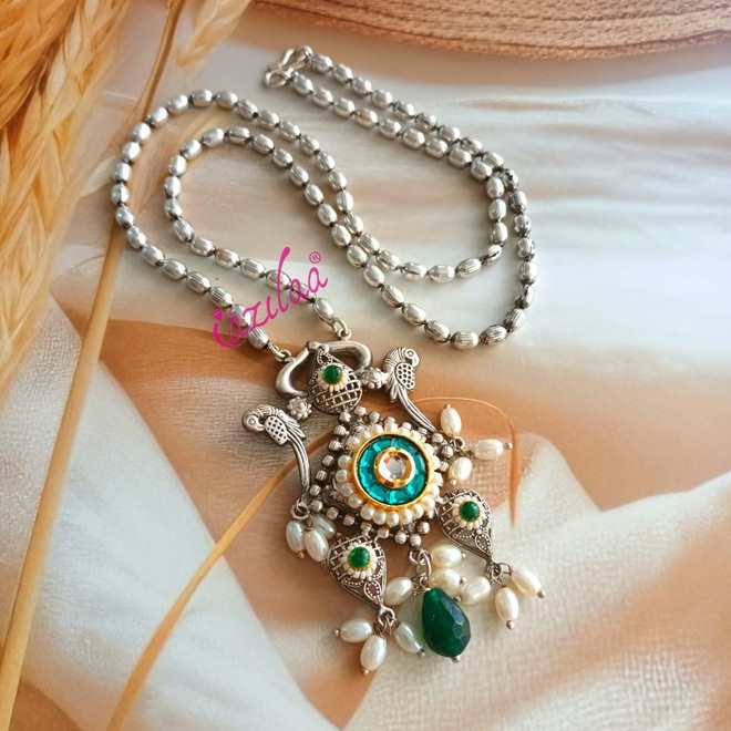 Ethnic style Green Navratri antique silver plated pendant