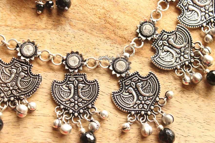 Ethnic style statement oxidized silver tone necklace set