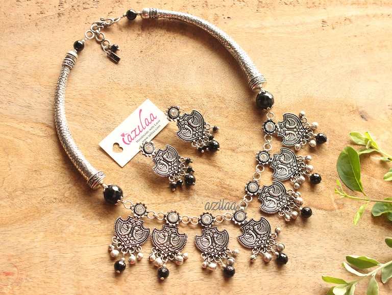 Ethnic style statement oxidized silver tone necklace set