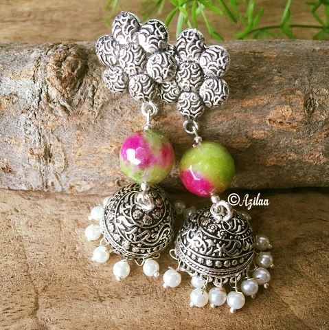 Ethnic tassel agate dangler gemstone silver earrings