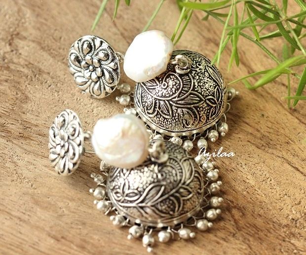 Ethnic tassel pearl dangler gemstone silver earrings