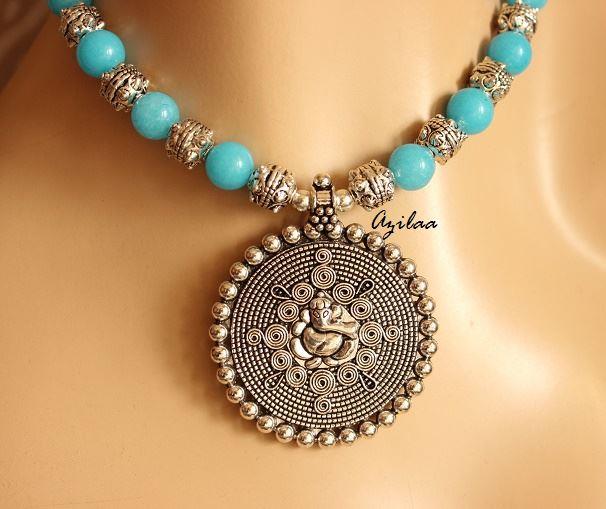 Ethnic turquoise blue Ganesha gemstone artisan handmade necklace 