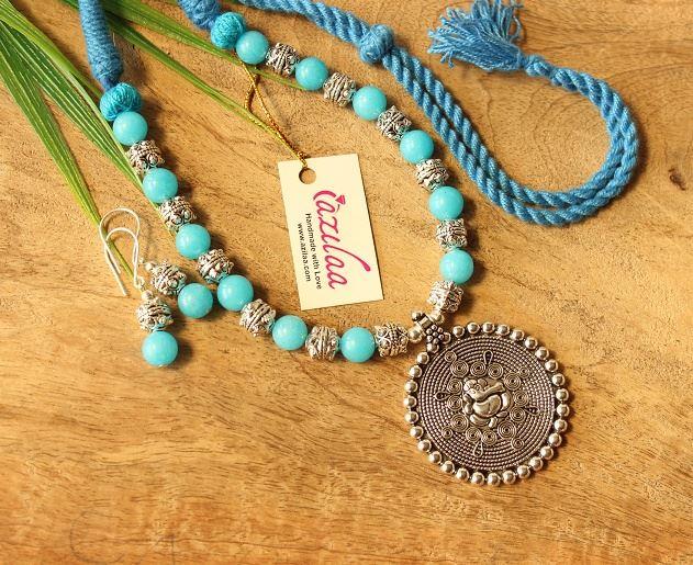 Ethnic turquoise blue Ganesha gemstone artisan handmade necklace 