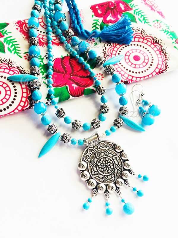 Ethnic turquoise blue gemstone layered silver necklace set