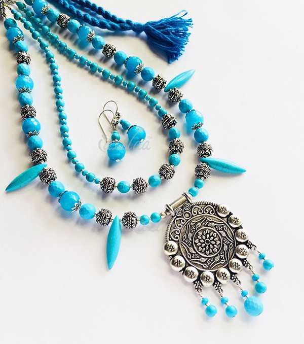 Ethnic turquoise blue gemstone layered silver necklace set