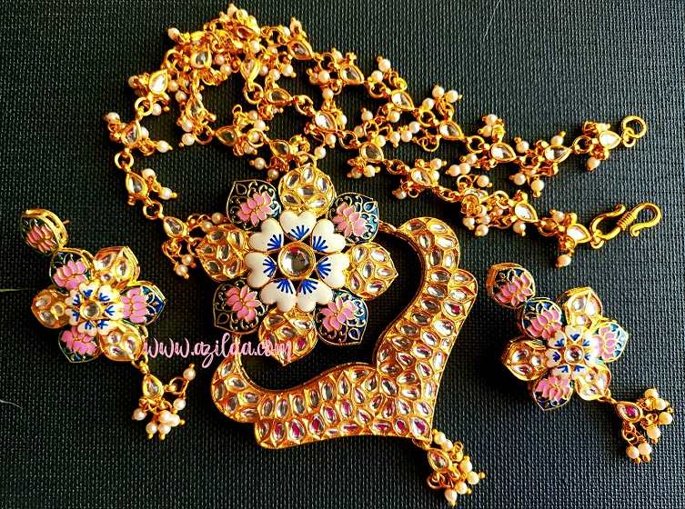 Festive pink minakari Pastel kundan pendant necklace set
