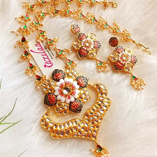 Festive red minakari Pastel kundan pendant necklace set at ₹2550 | Azilaa