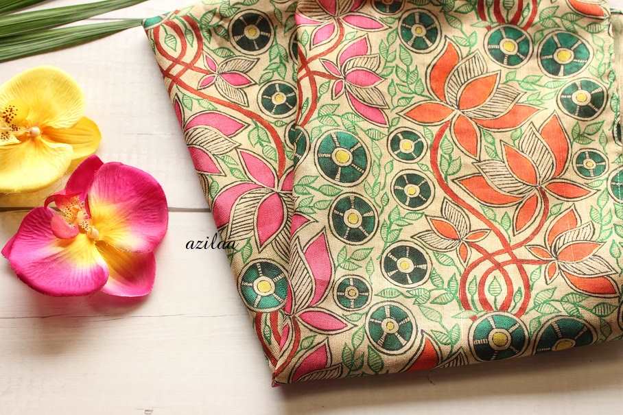 Lotus floral Madubani art Tusser silk scarf