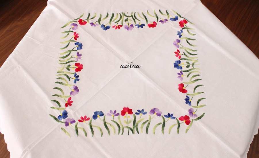 Flower Garden white cotton hand embroidered table cloth 01