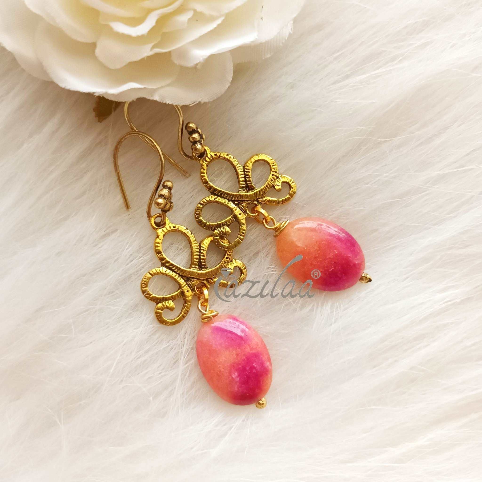 Pink Chandelier dangler antique golden earrings