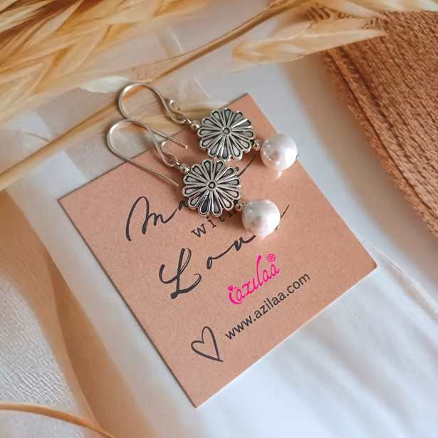 Flower charm pearl gemstone antique silver tone earrings