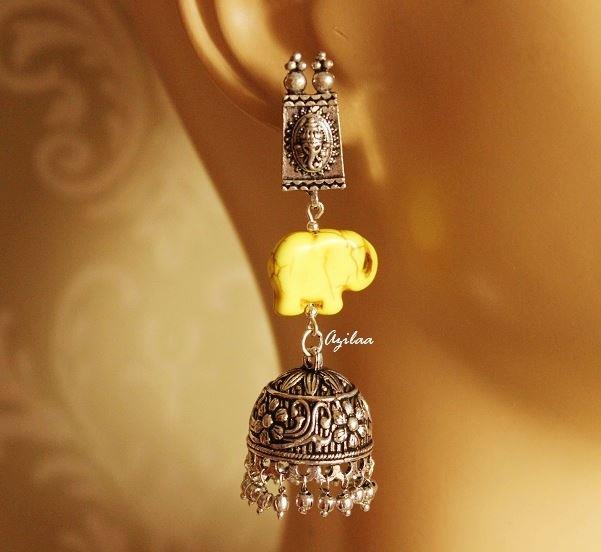 Ganesha Ethnic Elephant silver tone gemstone earrings