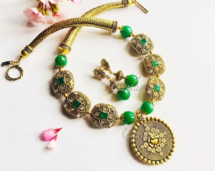 Ganesha Green antique gold Statement handmade necklace set