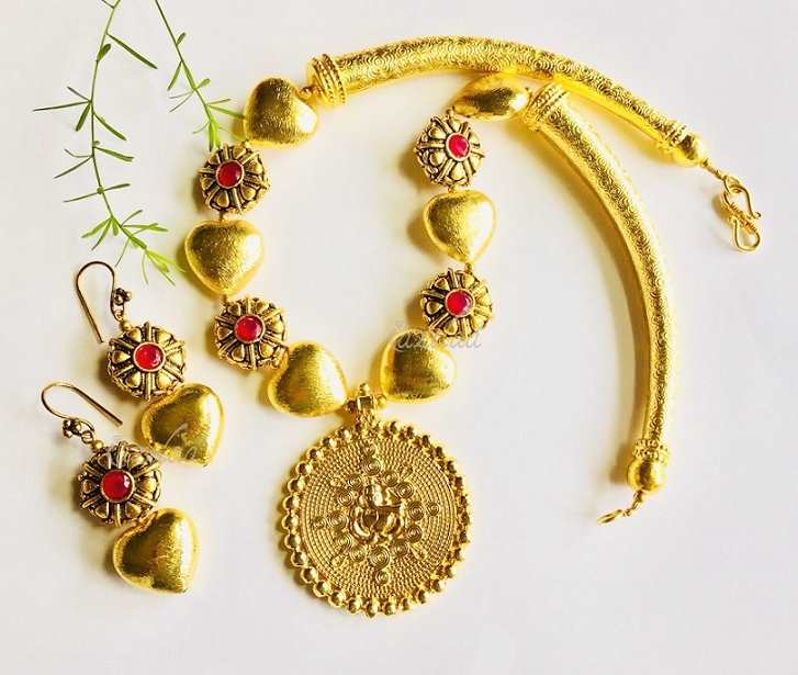  Ganesha RED beaded heart handmade gold plated necklace set