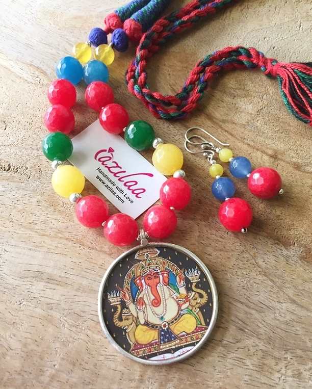  Ganesha Vibrant sterling silver gemstone handmade necklace set