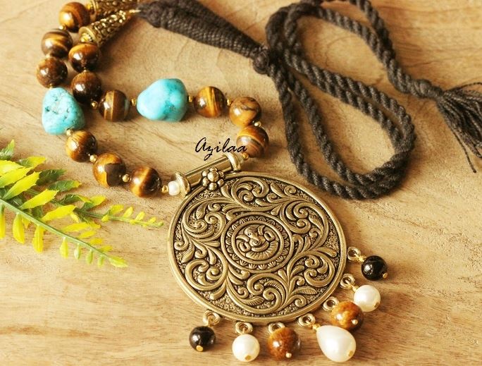 Ganesha antique Gold gemstone Statement tiger eye necklace