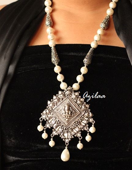 Ganesha antique silver Pearl Statement handmade necklace set
