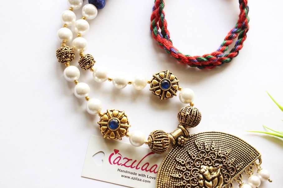  Ganesha blue pearl antique gold tone necklace earrings set