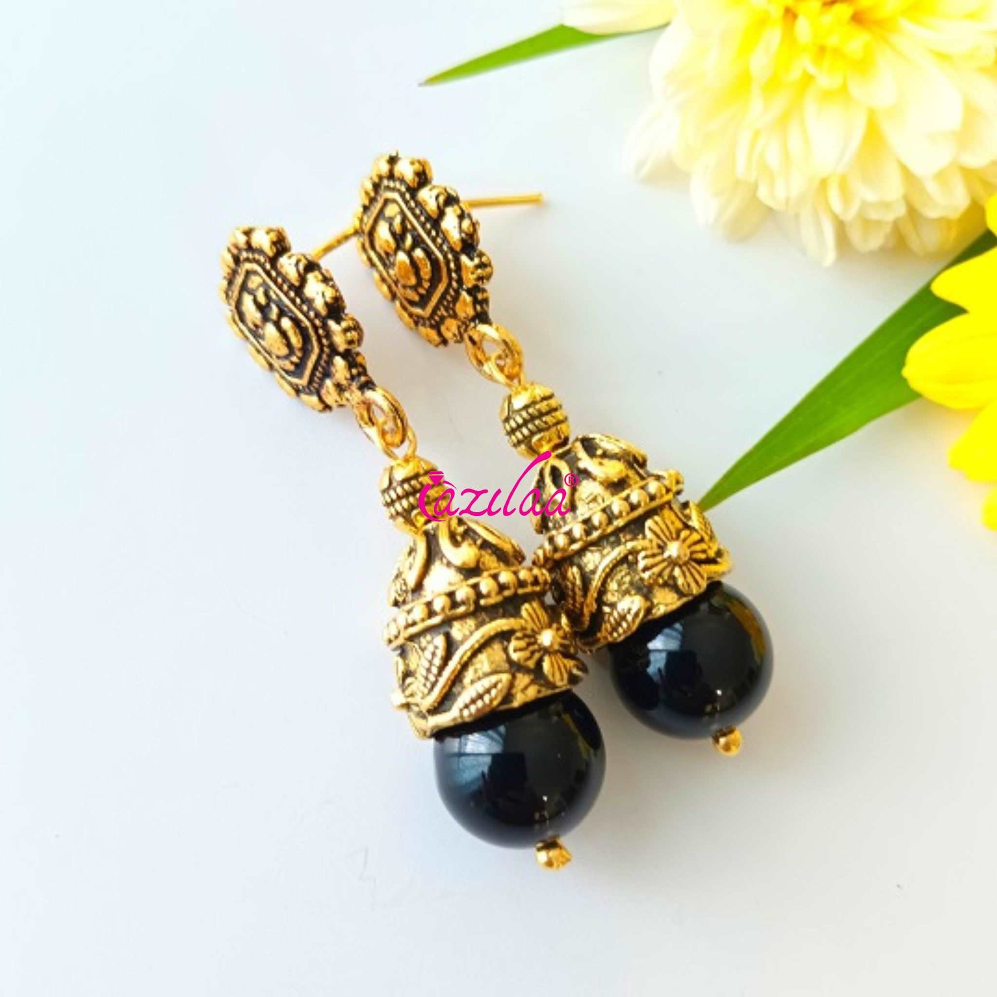 Ganesha dangler antique golden black onyx earrings