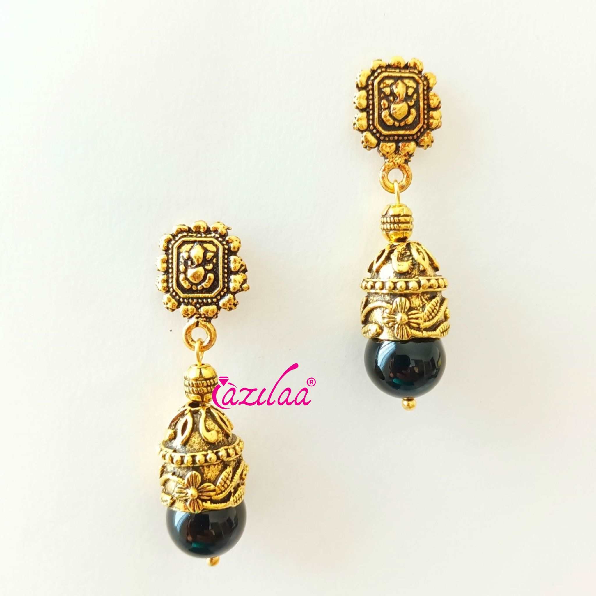 Ganesha dangler antique golden black onyx earrings