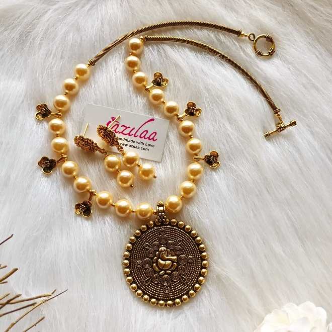  Ganesha golden pearl antique gold tone necklace earrings set