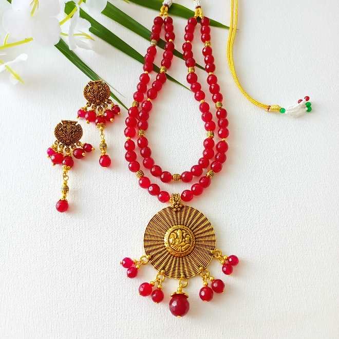 Ganesha maroon gemstone necklace earrings set