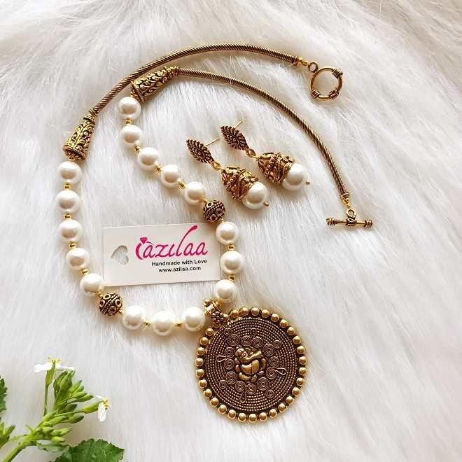  Ganesha pearl antique gold tone necklace earrings set