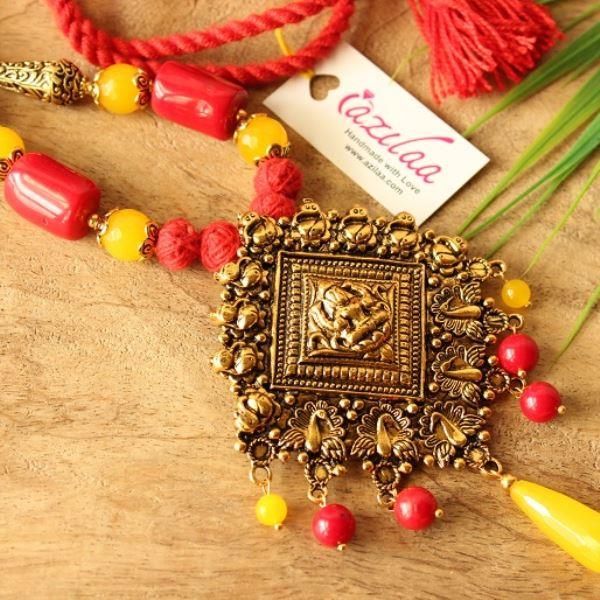Ganesha pendant RED coral designer handmade necklace set at ₹3950 | Azilaa