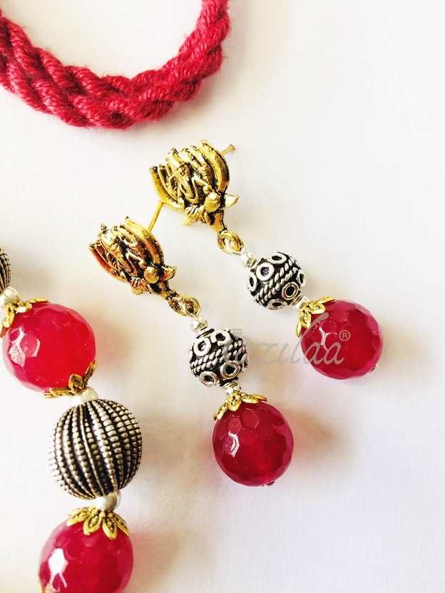 Ganesha pendant gemstone beaded dual tone necklace set