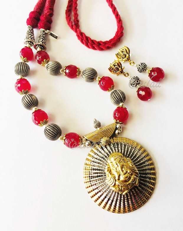 Ganesha pendant gemstone beaded dual tone necklace set