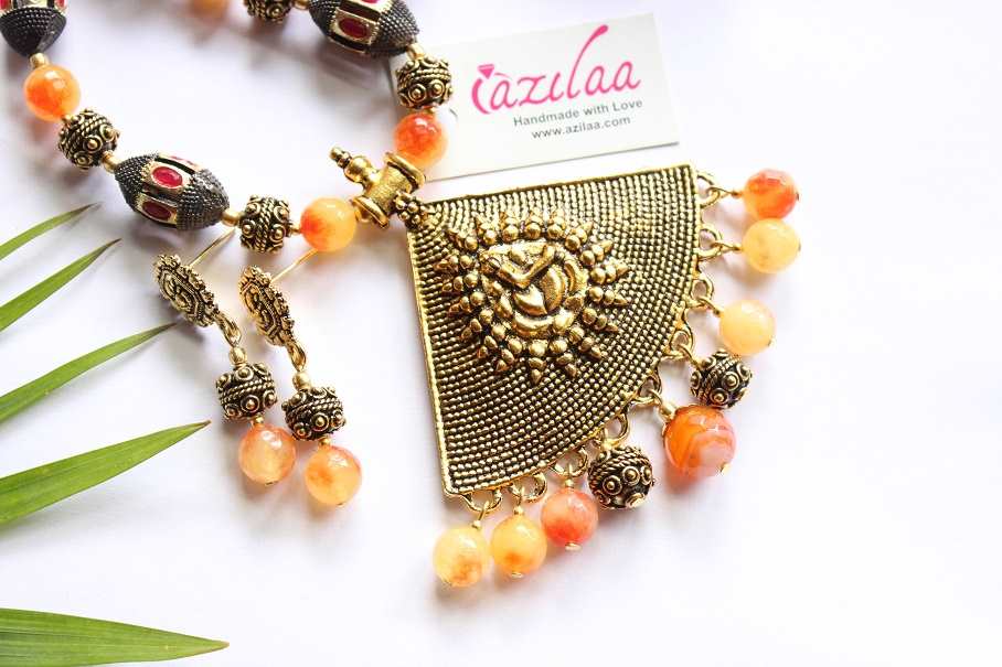  Ganesha shaded orange gemstone handmade necklace earring set